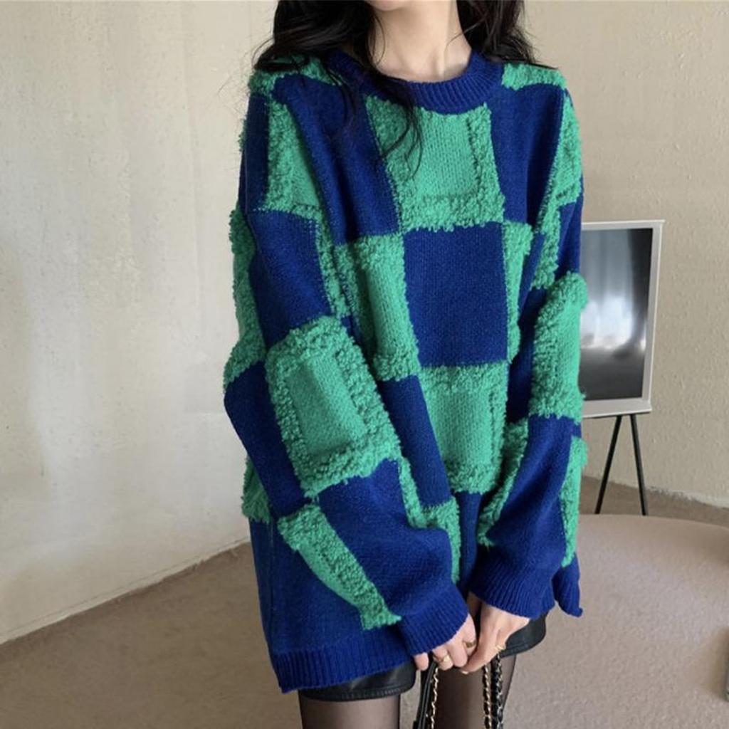 Sweter w kratę, damski, pogrubiony, luźny sweter z okrągłym dekoltem, dzianinowy top