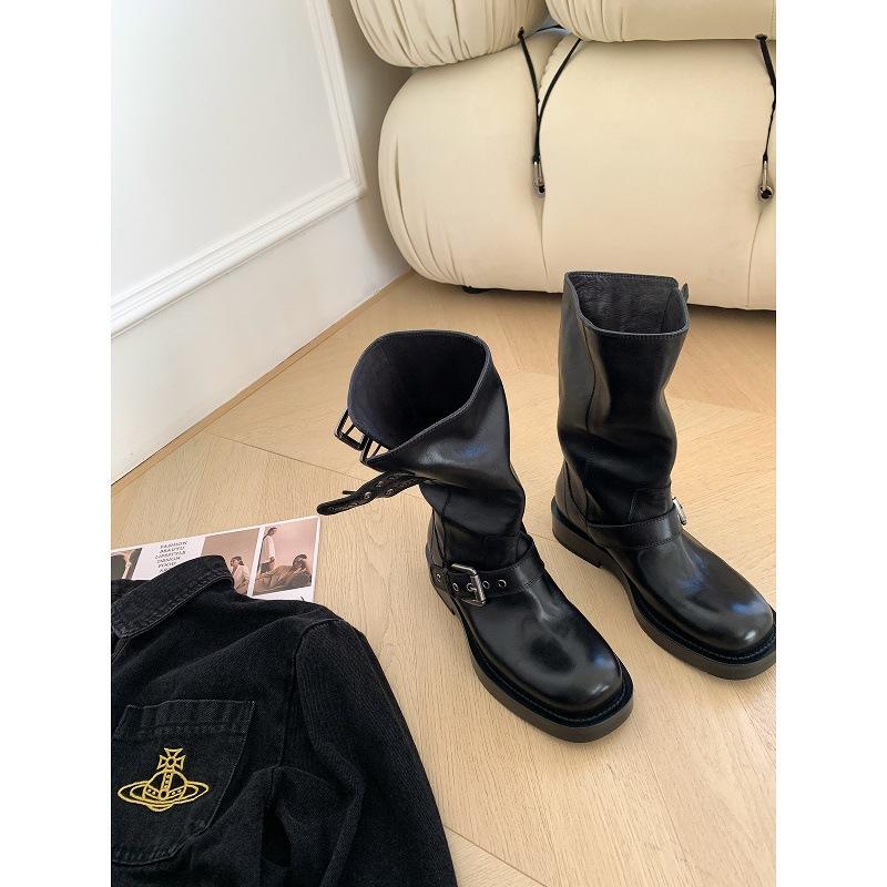 Cowhide version washed horseskin cigarette boots thin buckle short boots women's heightened thick-soled thin boots spring and autumn knight boots