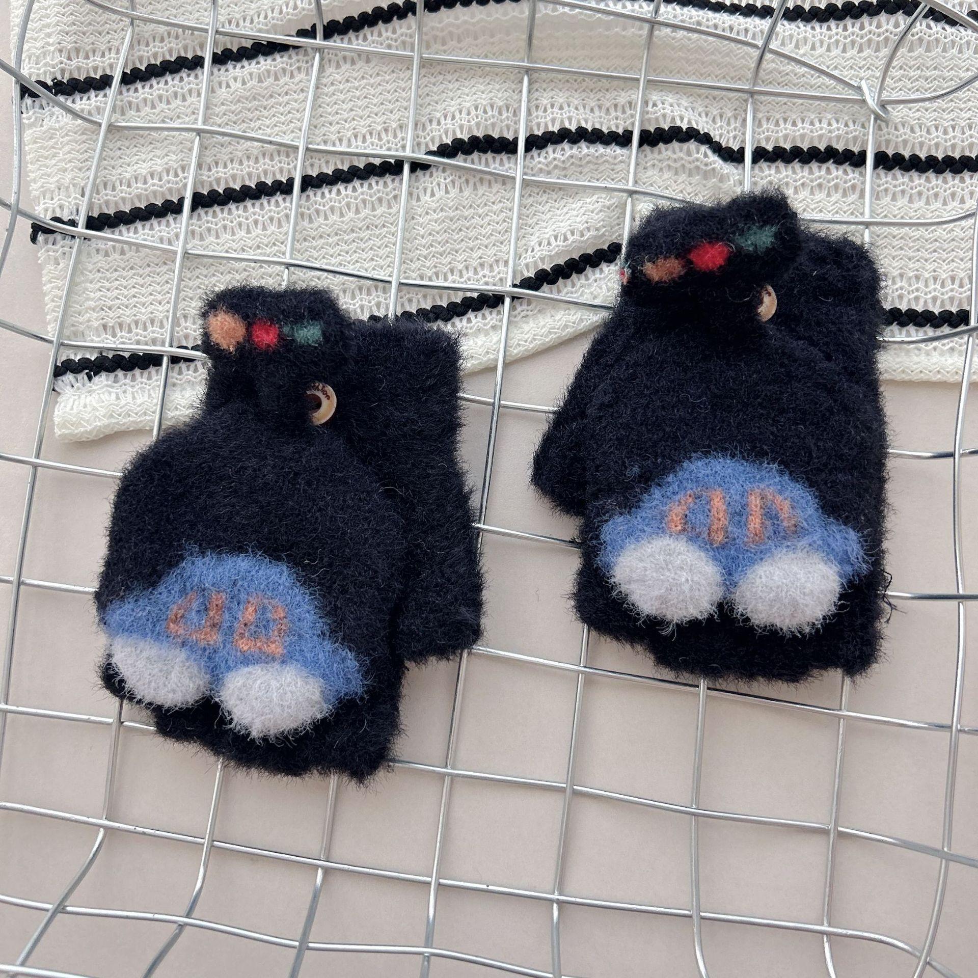 

Autumn and Winter Thickened Warm Flip Top Five Finger Cute Writing Half Finger Woolen Gloves for Boys and Girls one size