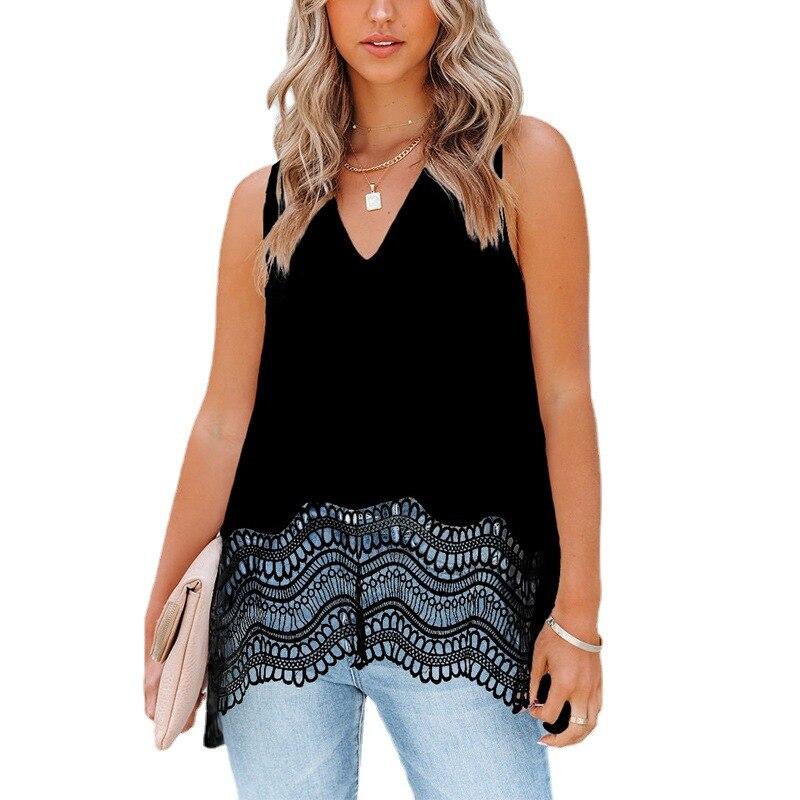 2023 Sommer V-Ausschnitt Chiffon Mode für Frauen Spitze Ärmelloses Shirt Einfarbig Locker Lässig Elegant und Jugendlich Top Blusen 25466