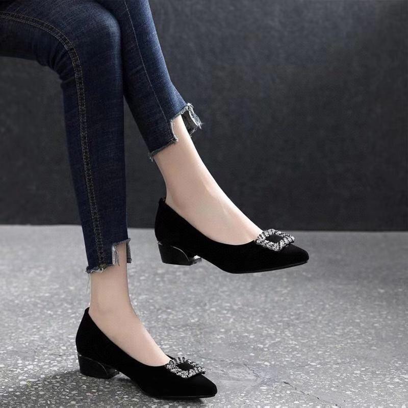 Women's Shoes 2025 Spring New Fashion Pointed Head Shallow Mouth Single Shoes Black First Layer Sheepskin Rhinestone Square Buckle Flat Loafers