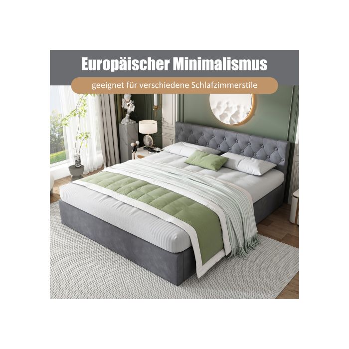 Lit - MUVOE - 140x200 Cm - Velours Gris - Tête De Lit Boutonnée - Rangement Hydraulique