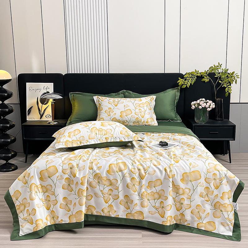 Floral Ice Silk Summer Quilt Cool Air Conditioner Washed Quilt Single Dormitory Thin Blanket King Size Luxury Bedding