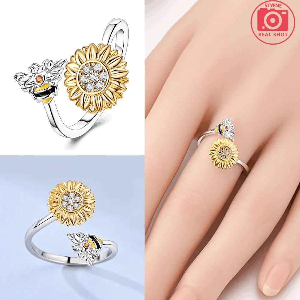 Authentic copper Sunflower Bee Open Ring Star Shape Moon Womans Exquisite Ring Beautiful Accessory Ring Wedding Valentine Day Gift