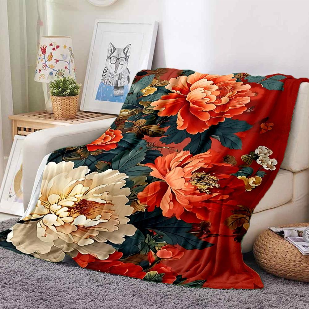 1PC Peony Print Blanket - Soft Warm All-Season Throw for Sofa, Bed, Car, Office, Throw For Sofa yy250916108