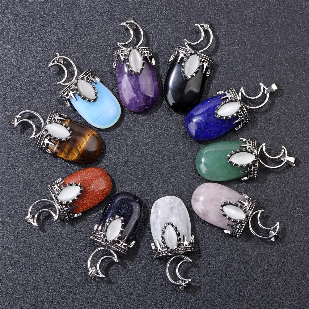 1pc Moon, tribal style pendant, natural stone,Tiger Eye,Jades,Crystal Stone Fashion Pendant Charm For Jewelry Making 26*52MM