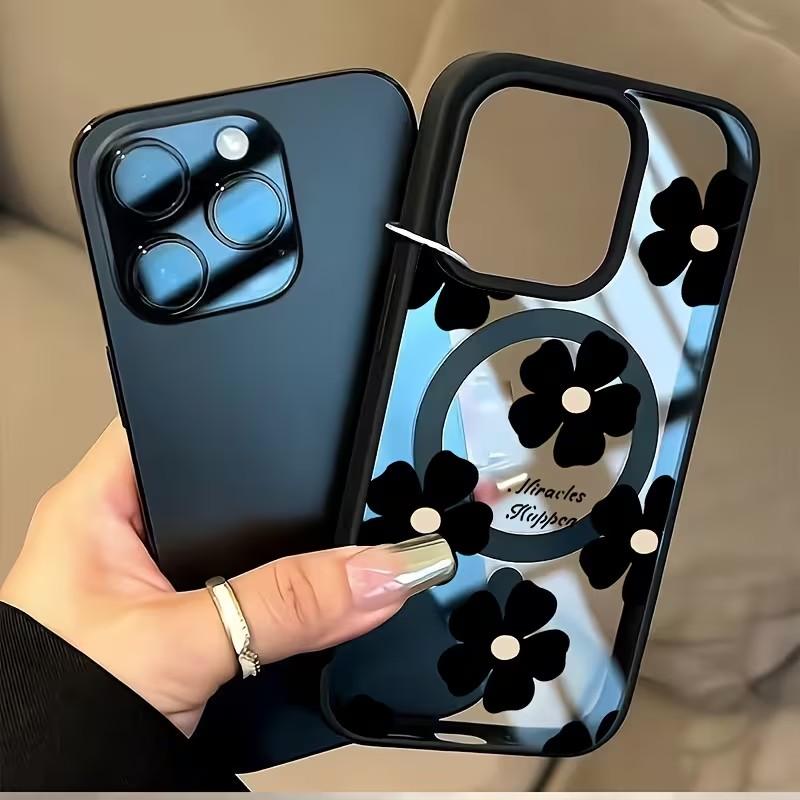 For Samsung S26 S25 Ultra Black Floral Pattern Phone Case for Galaxy S25 FE S26 S24 S23 Plus Magnetic Wireless Charging Cover