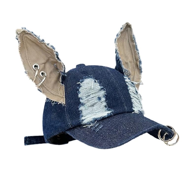 

Women Grunge Hat Adjustable Strap Distressed Dog Ear Truckers Hat with Metal Rings Punk Headwear for Music Festival Wear темно-синього кольору