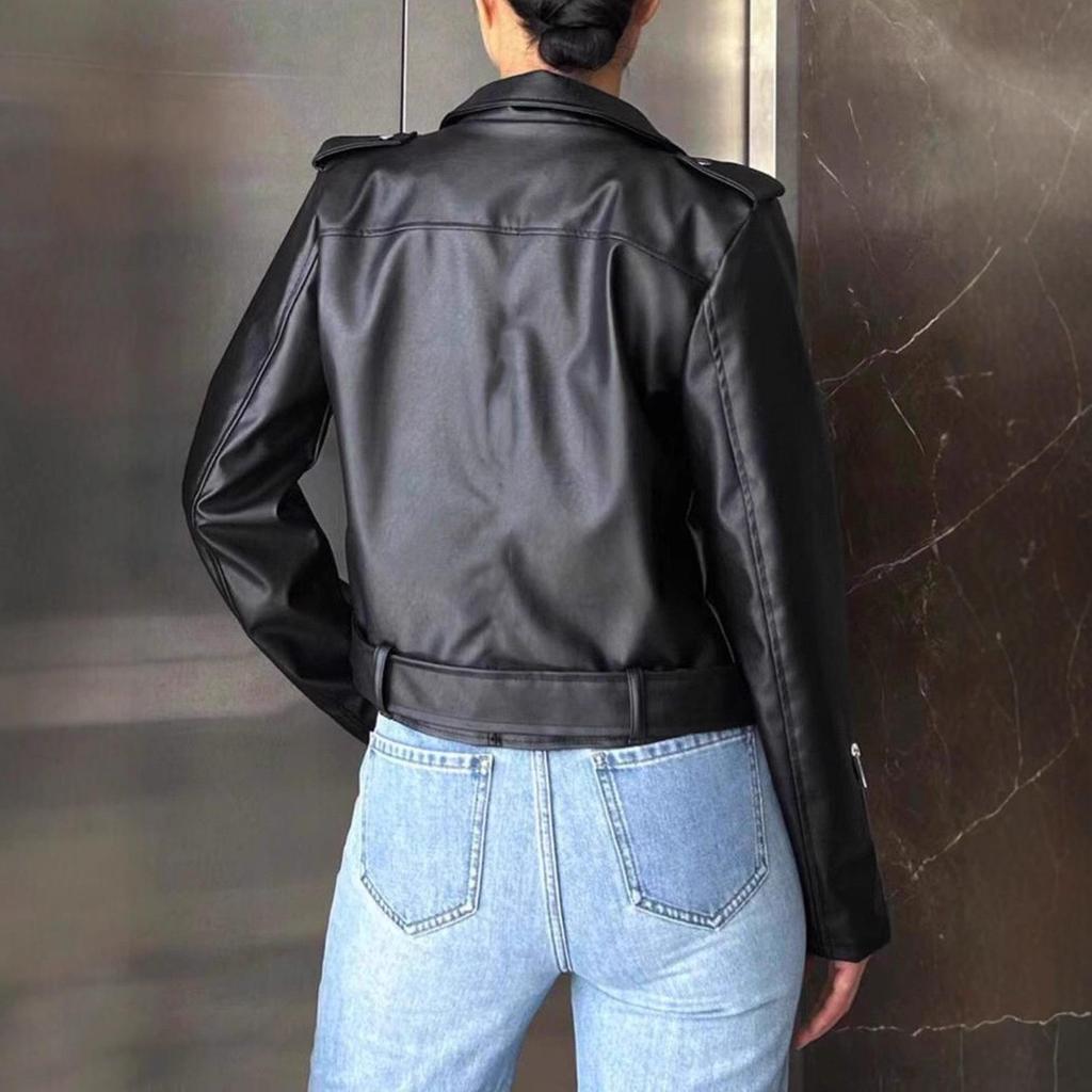 Women's Autumn 2026 Slimming Slanted Zip Short Leather Motorcycle Jacket
