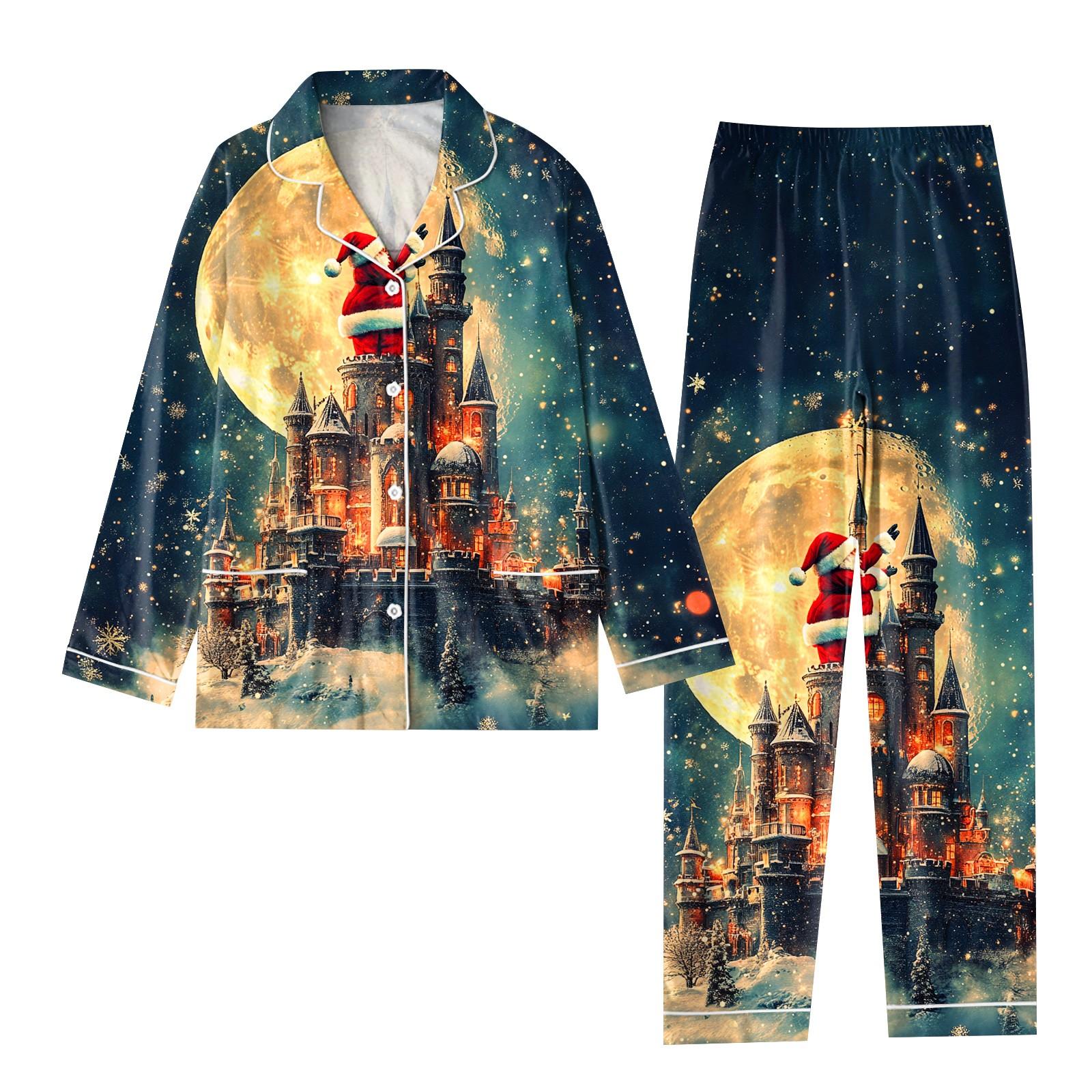 

Детский рождественский костюм из 2 предметов с принтом, топ с длинными рукавами и застежкой на пуговицы, широкие брюки, комплект пижамы, домашний повседневный костюм 6 темно-синий