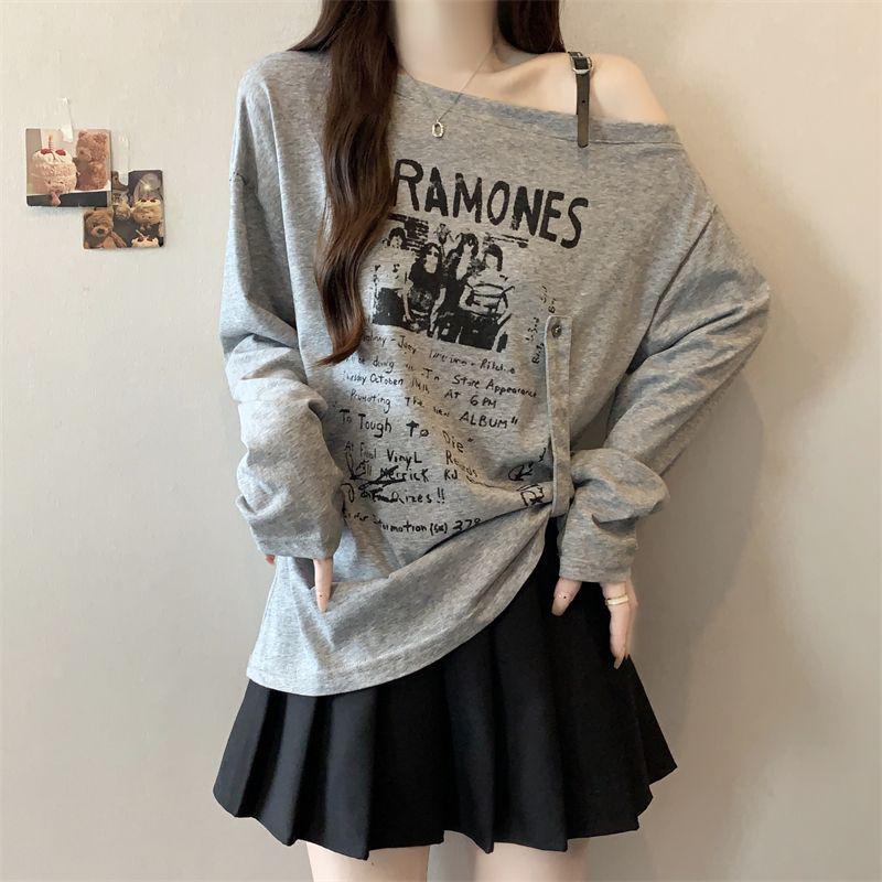 American Plus Size One-Shoulder Letter Print Long Sleeve Women's T-shirt - 2025 Autumn, New Loose Slimming Trendy Top