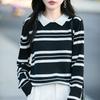 Thin Lapel Long-sleeved Knitted Sweater for Women To Look Slimmer, Color-block Striped Polo Collar Base Layer Sweater, New Autumn and Winter Sweater