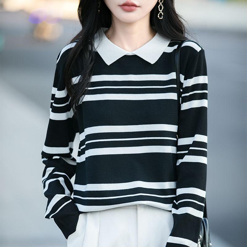 Thin Lapel Long-sleeved Knitted Sweater for Women To Look Slimmer, Color-block Striped Polo Collar Base Layer Sweater, New Autumn and Winter Sweater
