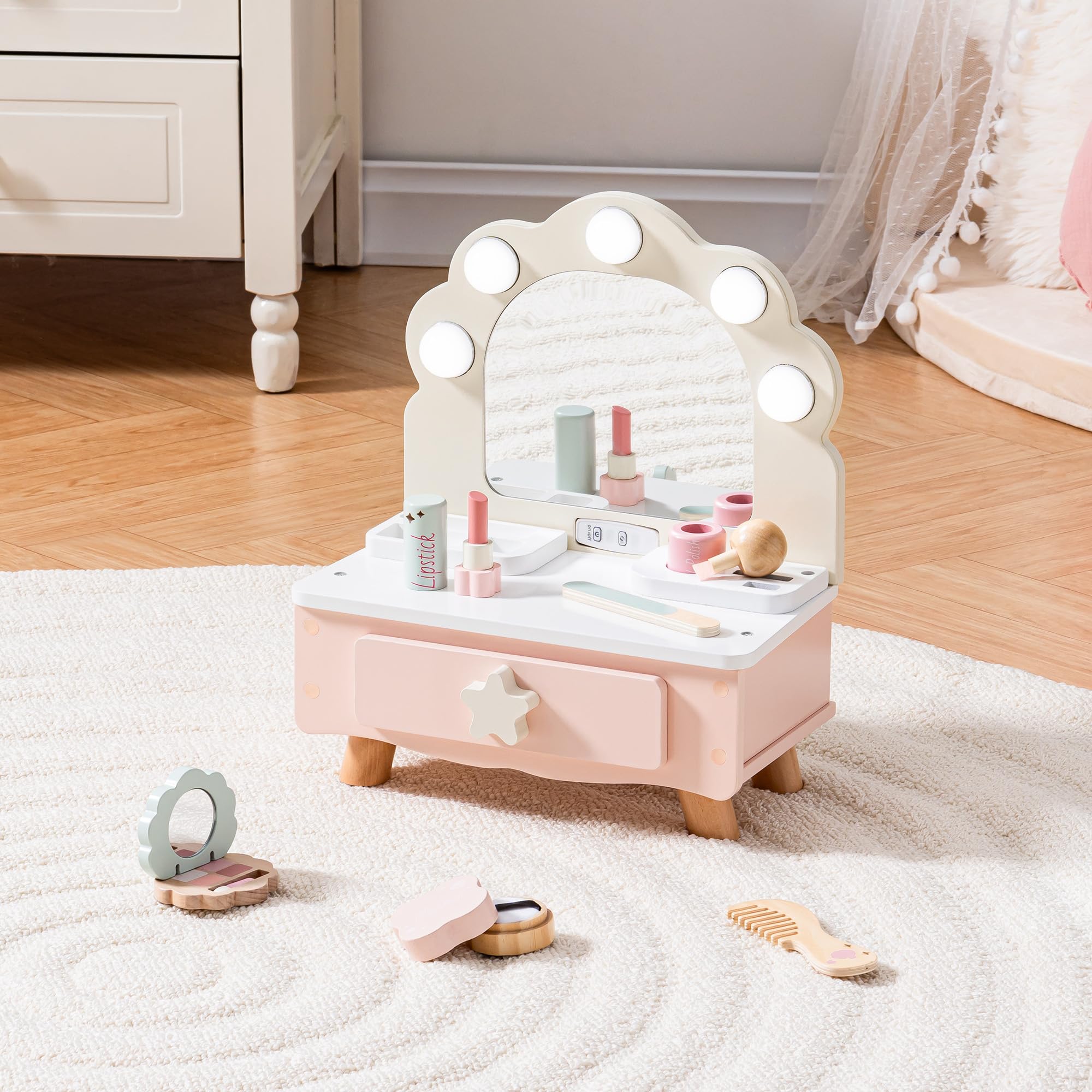 

ROBOTIME Vanity Makeup Table Toy with Mirror Light Wooden Pretend Makeup Vanity Set Dressing Table with Accessories for Girls 3+