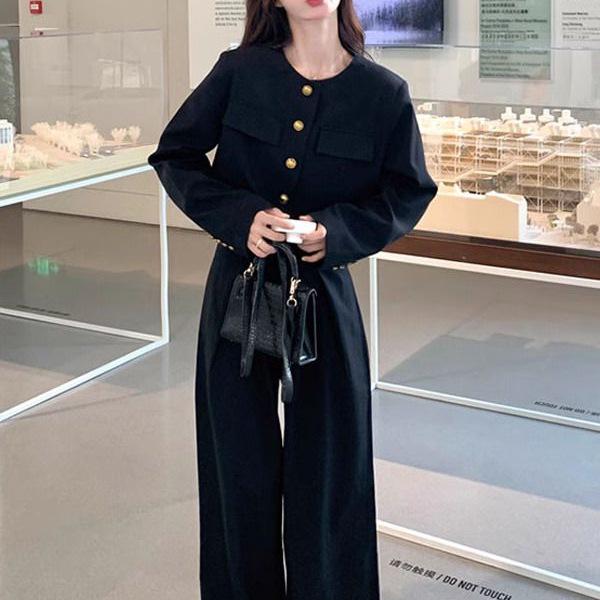 Women's Spring 2026 Black Professional Suit: Popular Two-Piece Set with Straight Wide-Leg Pants and Jacket Top
