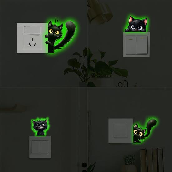 Luminous Light Switch Decals, Glow in The Dark Cute Cat Switch Sticker, Cartoon Animal PVC Wall Art Mural for for Bedroom Living Room