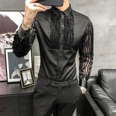 Koreanischer Trend Mode Herrenhemden Frühling Herbst Neu Einfarbig Glänzend Revers Spitze Patchwork Einreiher Lässig Slim Langarm Oberteile