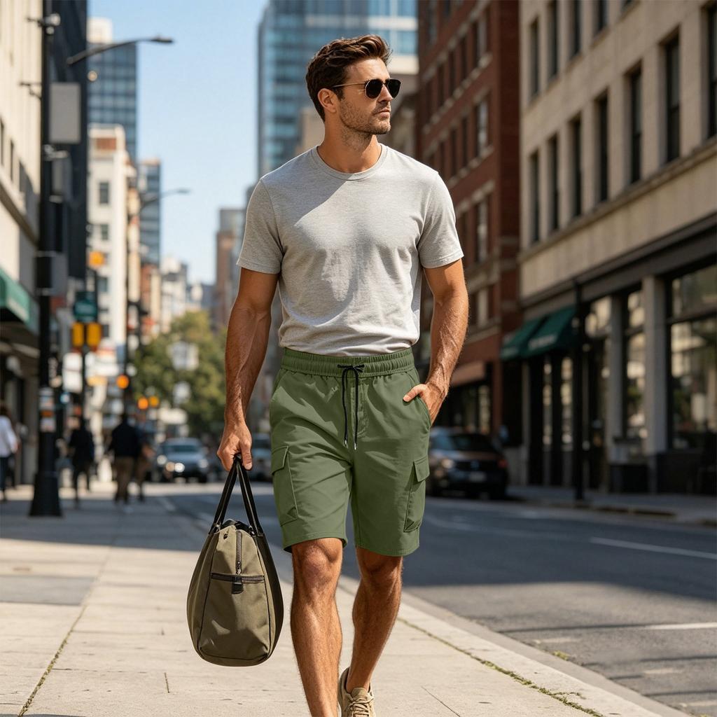 Men’s Workwear Cargo Shorts with Multiple Pockets and Adjustable Drawstring Waist for Outdoor Activities and Daily Use