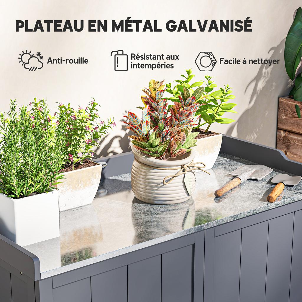 Standing Garden Storage Cabinet, 2-in-1 Potting Table Double Door, Shelf, Galvanized Metal Tray - Grey