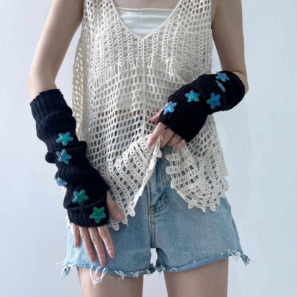 Solid Color Arm Warmers Gothic Fingerless Gloves Kawaii Star Knitted Gloves Ladies