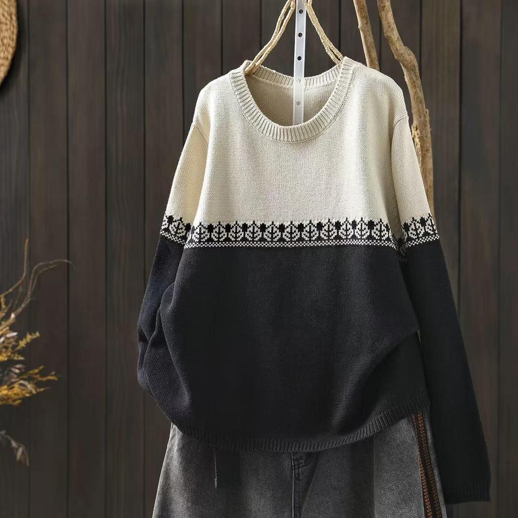 Women's Gradient Color Block Round Neck Cotton Sweater - Casual Korean College Style Knitwear