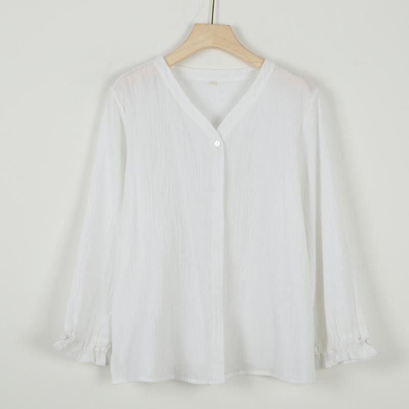 Johnature Women Shirts Tops V-Neck Long Sleeve Blouses Spring Button Solid Color Casual Women Shirts