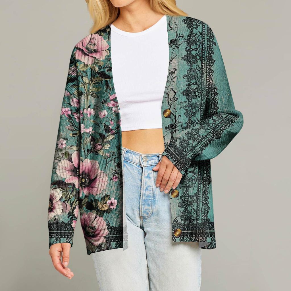 Women's Fashion Long Sleeve Print V-Neck Button Loose Cardigan Top