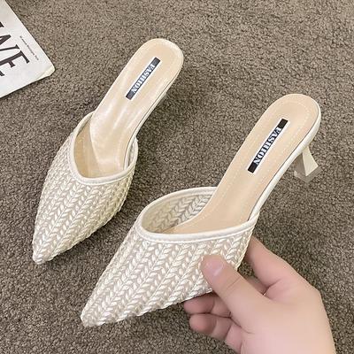 2024 Nieuwe Zomer Elegante Damesmode Pantoffels Puntige Halve Pantoffels Dames Stiletto Middenhiel Alles-match Sandalen Damesschoenen