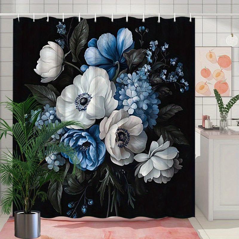 1 szt. Hiperrealistyczna Zasłona Prysznicowa z Anemonem i Hortensją - Białe, Niebieskie, Kremowe Kwiaty, Czarny Tło, Poliester