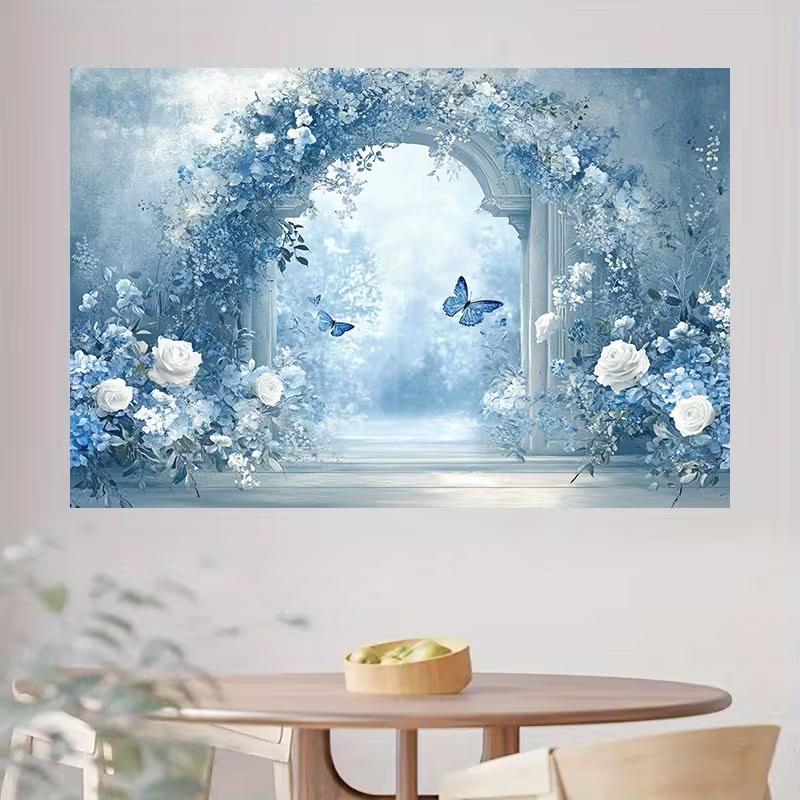 2D Enchanted Blue Floral Door Backdrop, Watercolor Garden with Butterflies for Wedding & Events