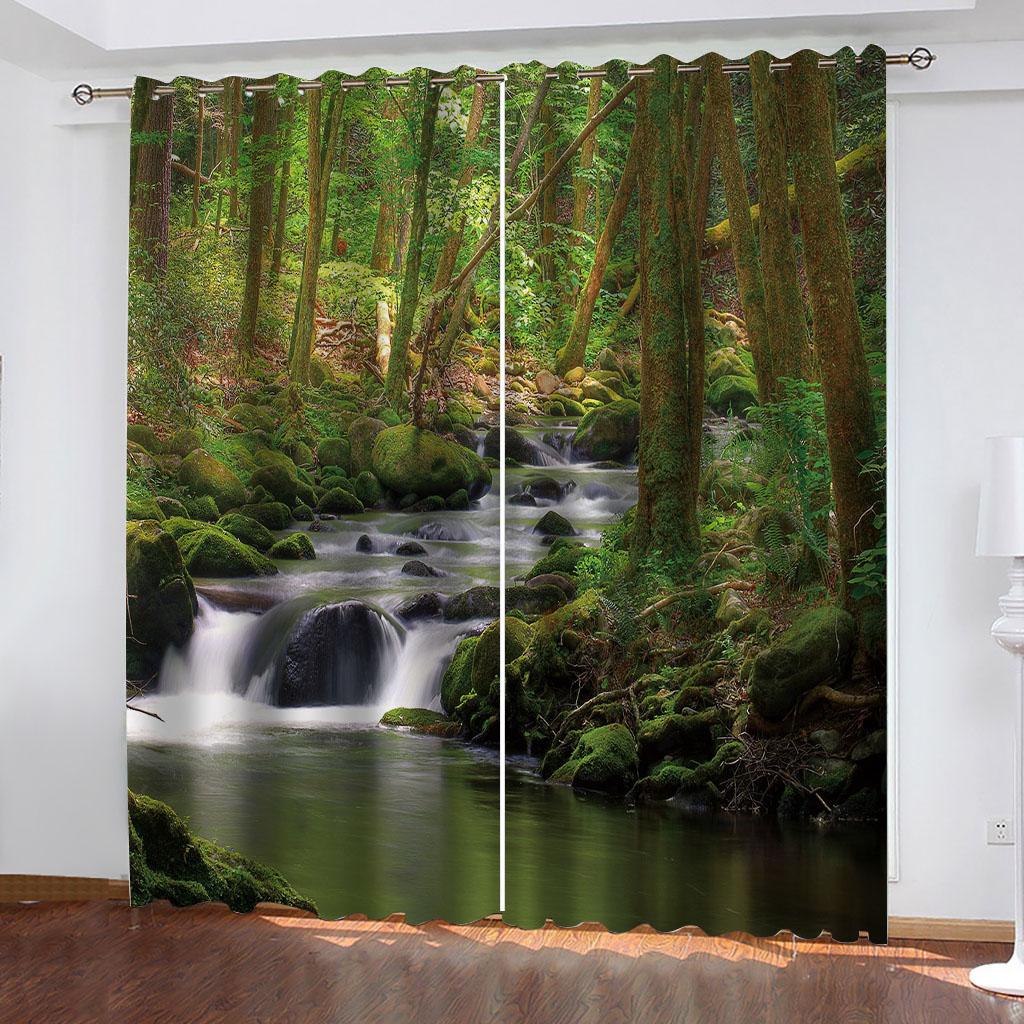 Deep Green Forest Children'S Style 3D Fashion 2 Pieces Boys Kid Window Blackout Curtain Living Room Bedroom Decor