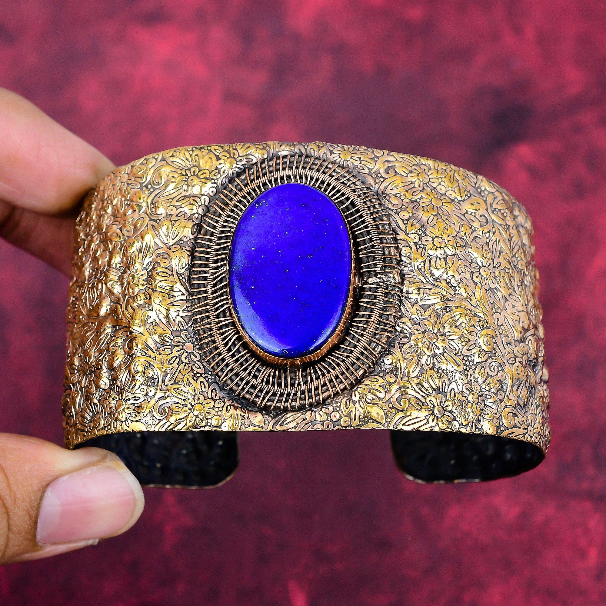 Браслет-манжета из лазурита, оплетенный медной проволокой, браслет-манжета, ювелирное изделие ручной работы, регулируемый браслет, медные украшения, подарки для него, достойный браслет Adjustable