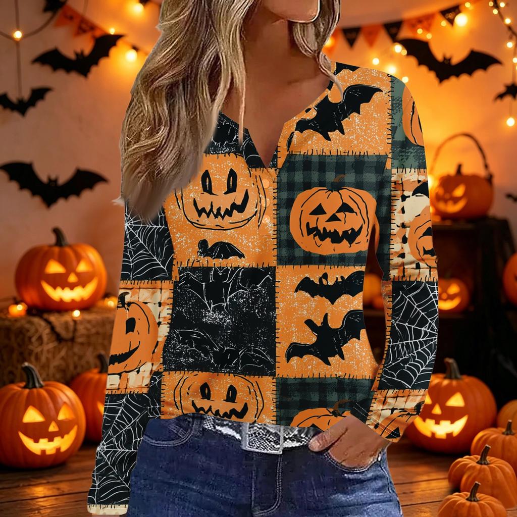 Womens Casual Long Sleeve V Neck Button Down Top Halloween Print Pullover Shirt Lightweight Comfortable Fit