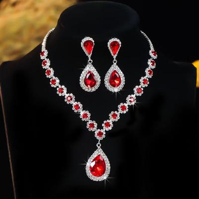 European and American Luxury Rhinestone Gemstone Necklace and Earrings Set, Feminine Bride Wedding Dress Banquet Photography Accessories