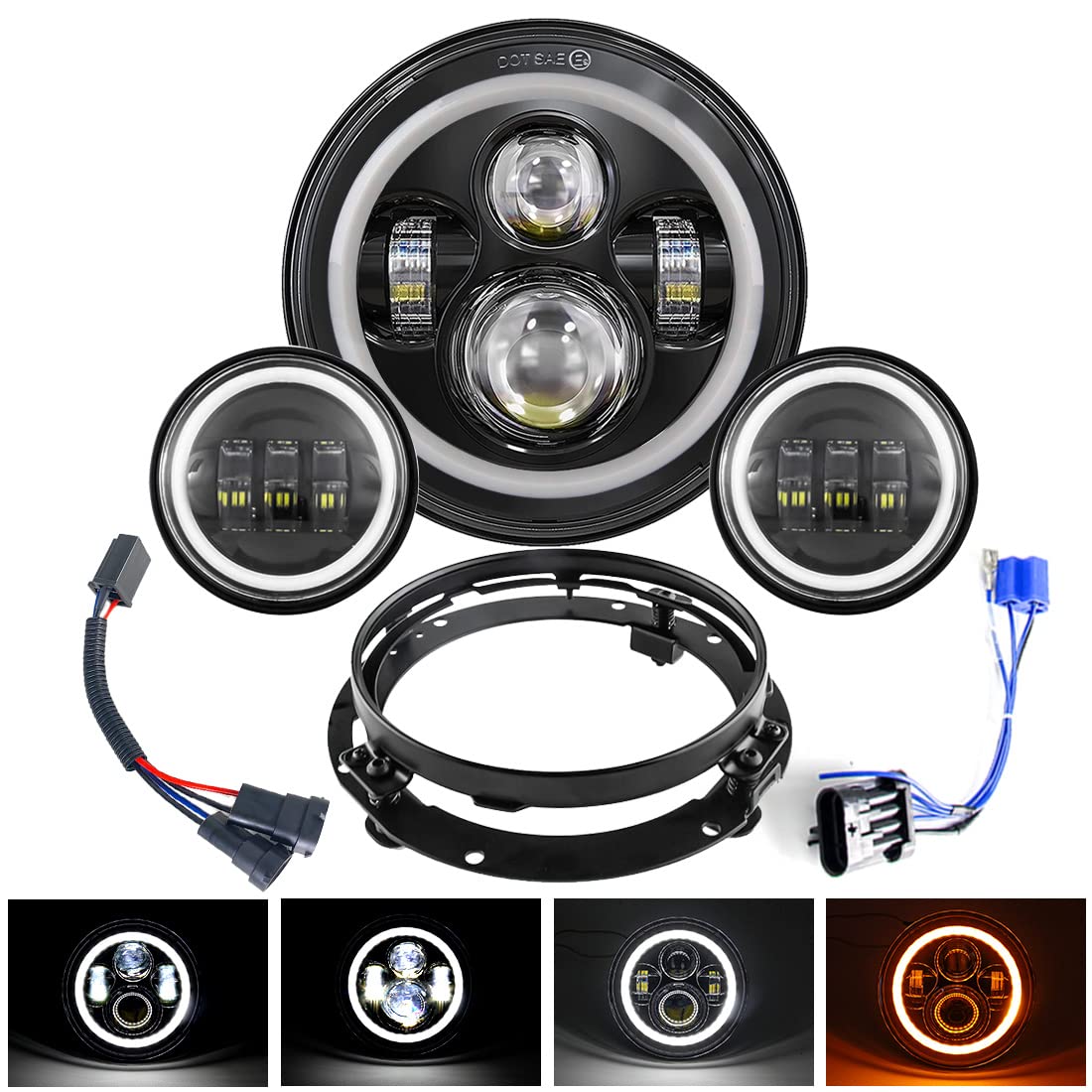 

VOSICKY Motorcycle LED Light Includes one headlight with white daytime running lights and yellow turn two white fog and a headlight bracket Set