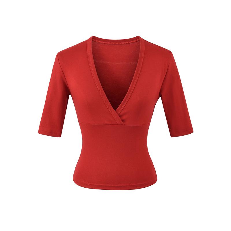 Elegante Camiseta Cruzada en V con Ceñido a la Cintura para Mujer - Capa Base de Manga Corta para Verano
