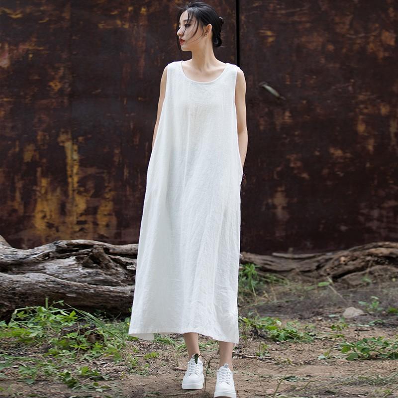 Johnature Ženy Ležérní Bandáž Šaty bez rukávů Letní Jednobarevné Oblečení Vintage Dámské šaty s výstřihem