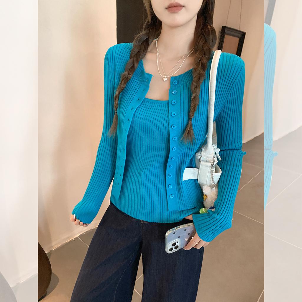 Korean solid color pit strip semi-open neck breasted long-sleeved knitted cardigan autumn new slim jacket top women