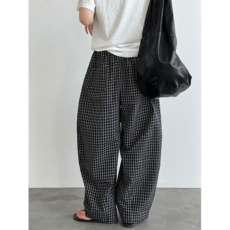 Womens High-Waisted Wide-Leg Cotton Blend Plaid Pants Loose Fit Casual Trousers Style