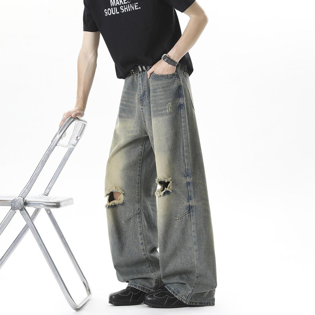 American retro men's and women's ripped jeans niche design sense deconstruction washed straight pants ruffian handsome vibe mopping pants