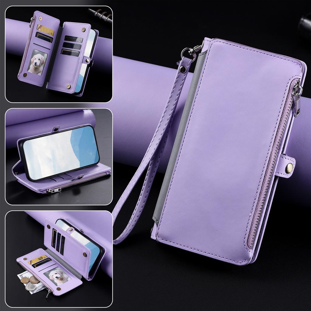 Wallet Leather Flip Case for iPhone 16E 16 Pro Max 15 14 Plus 13 12 11 Wrist Strap Zipper Handbag Card Slot Stand Book Cover