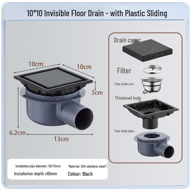 15x15 Odor-Proof Invisible Floor Drain, 304 Stainless Steel, Concealed for Bathroom or Shower Room