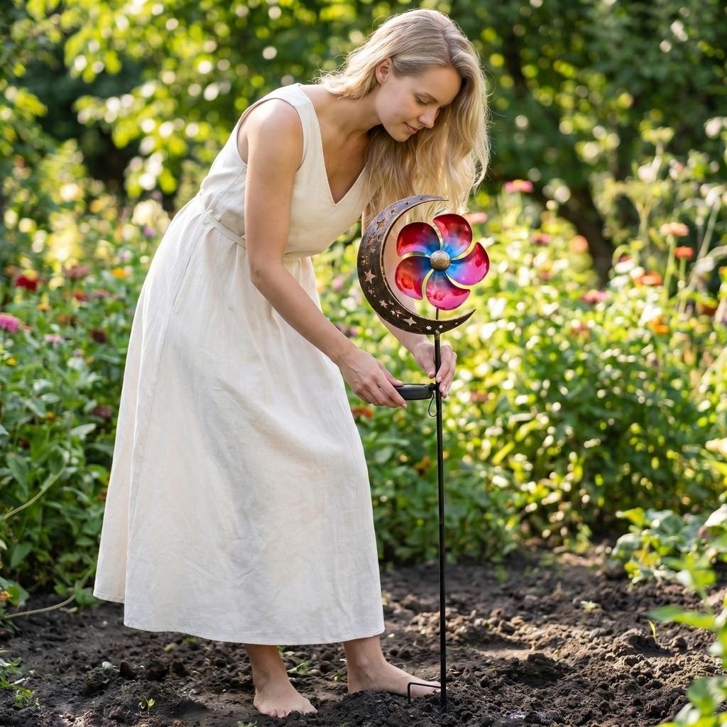 Solar Powered Moon and Pinwheel Garden Stake Light with Metal Construction and Decorative Cutout Design for Outdoor Yard Pathway Lawn Landscape