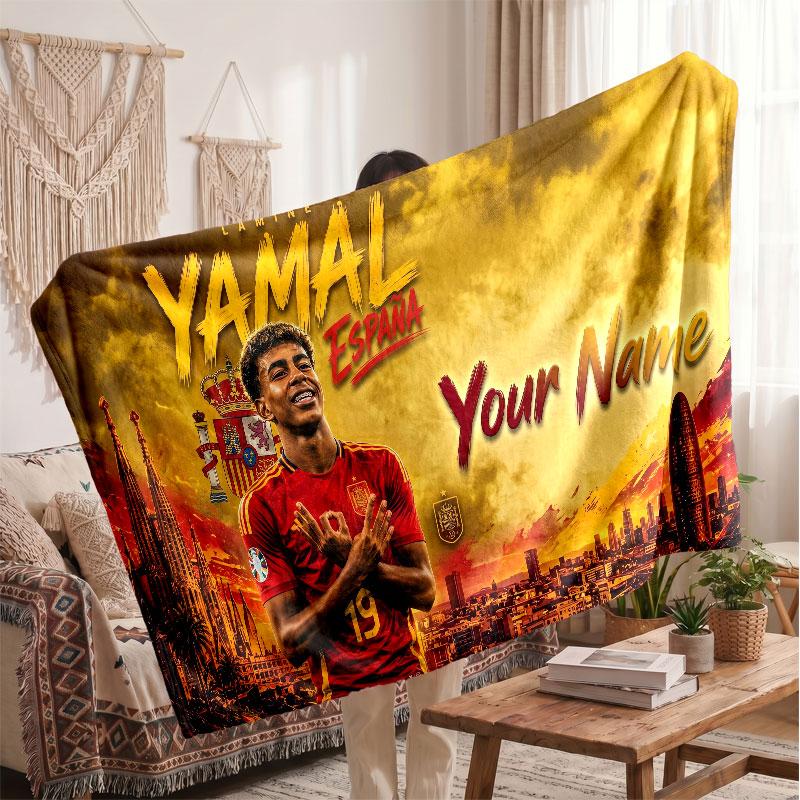 Coperta in pile personalizzata Lamine Yamal con logo del calcio, testo con nome personalizzato, morbida, calda, coperta da divano per la casa