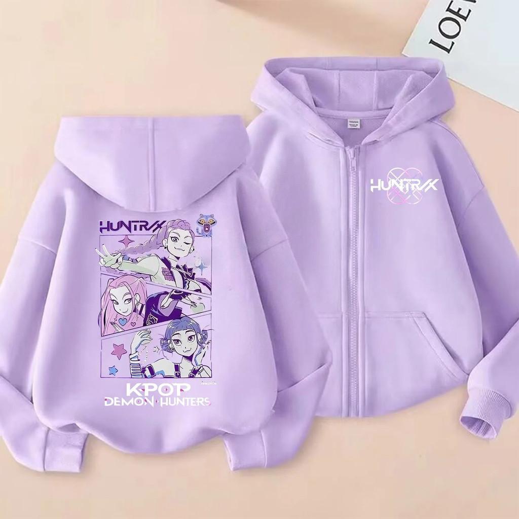 KPop Demon Hunters Zipper Hoodie Cartoon Girls Coat Fashion Thin Clothes Purple Autumn Hoodie Jacket Kids Anime Sweatshirt