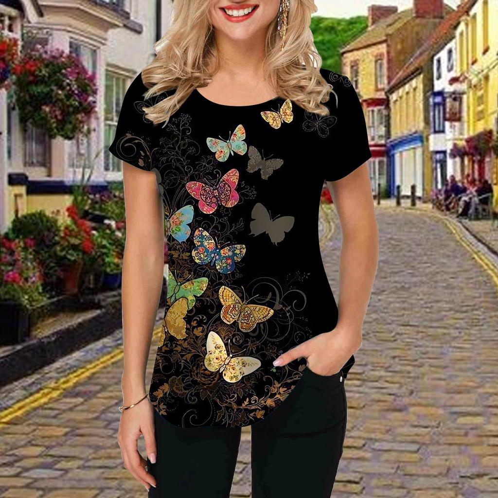 Fashion Women Colorful Hollow Butterfly Print T Shirt Funny Casual O-neck Short Sleeves T-shirt Summer Female Tee Shirt