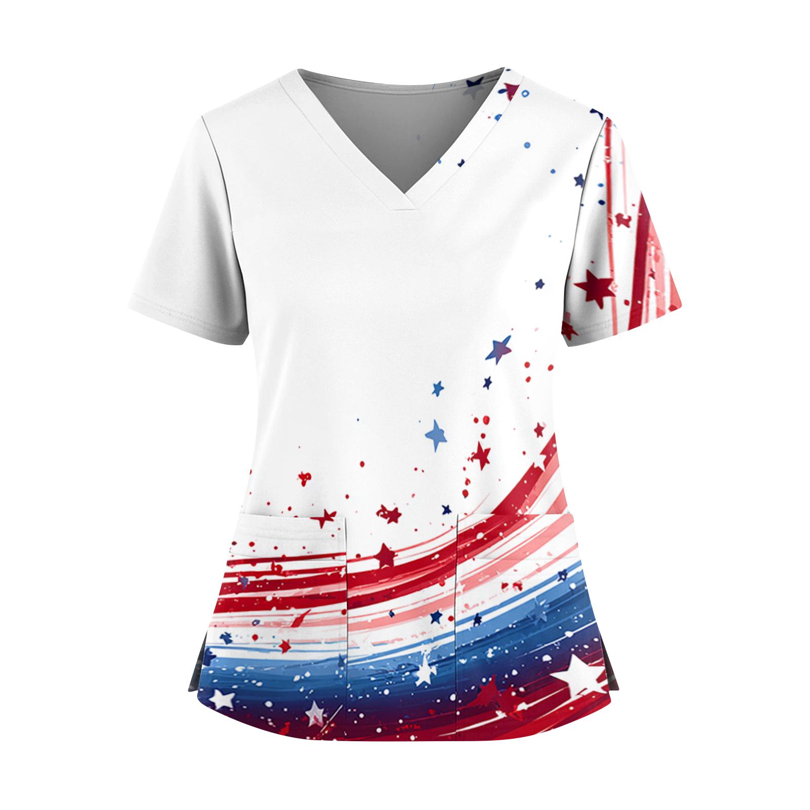 

Women s Independence Day Print V-Neck Double Pocket Short Sleeve Uniform with Slit Hem - Caregiver Top XL білий
