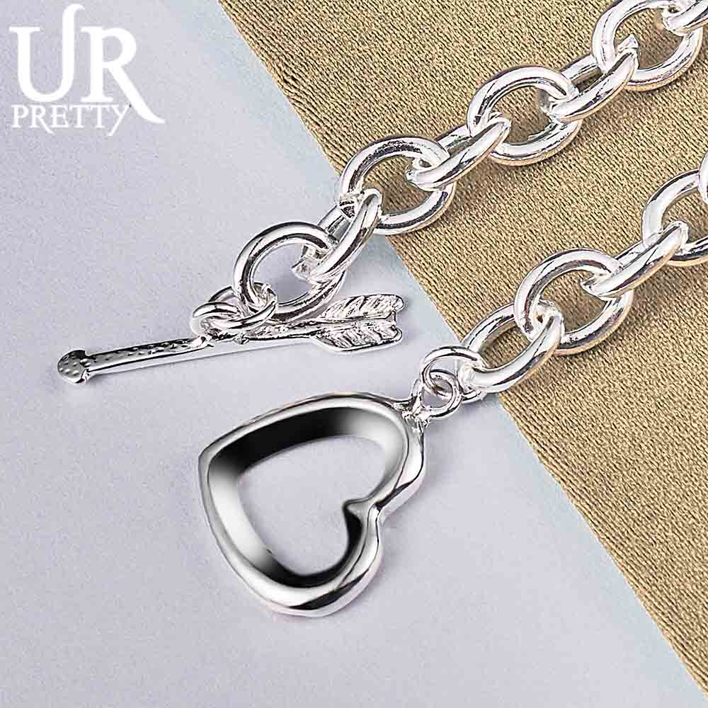Pulseira de prata esterlina 925 clássica com corrente redonda e fivela em forma de coração e flecha, joias de casamento da moda