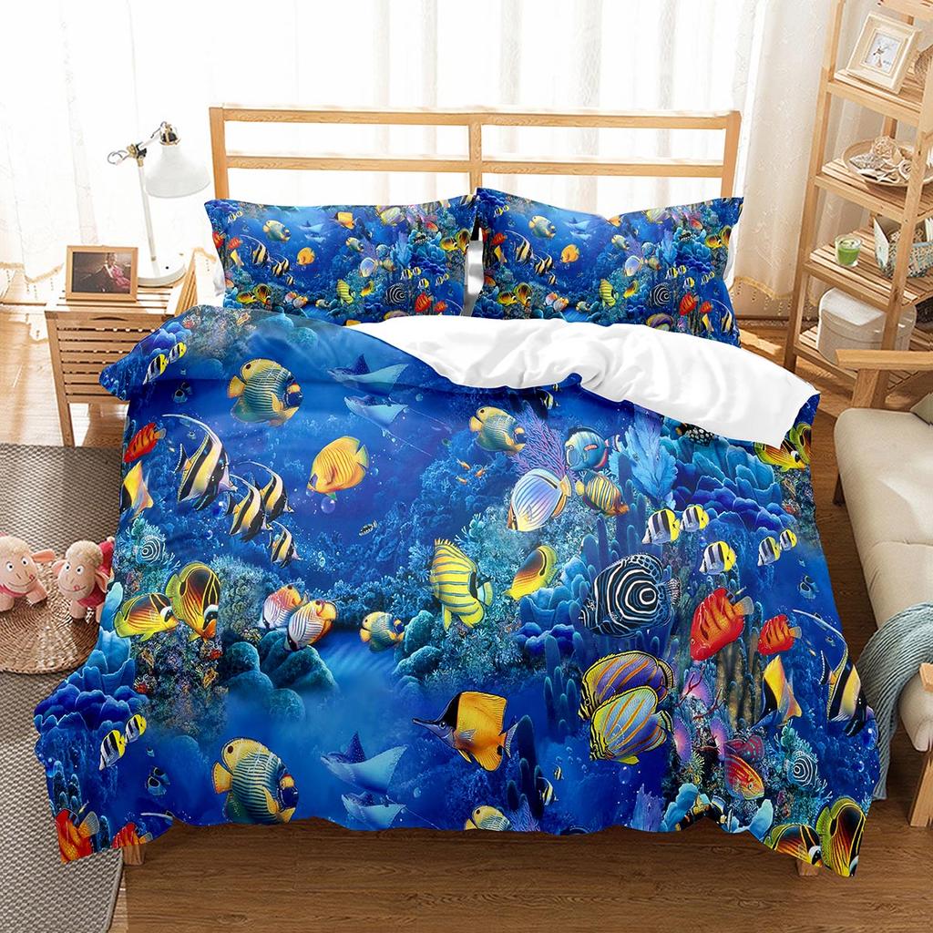 Fish Duvet Cover Set Koi Carp Pattern Polyester Comforter Cover King Queen Full Size for Kids Teens Bedding Set with Pillowcase