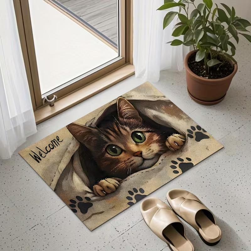 Willkommens-Fußmatte Niedliches Design mit einer hervorlugenden orangefarbenen Katze Rutschfeste Bodenmatte Warmer verspielter Innen-Heimdekor-Teppich für den Eingangsbereich Gruß